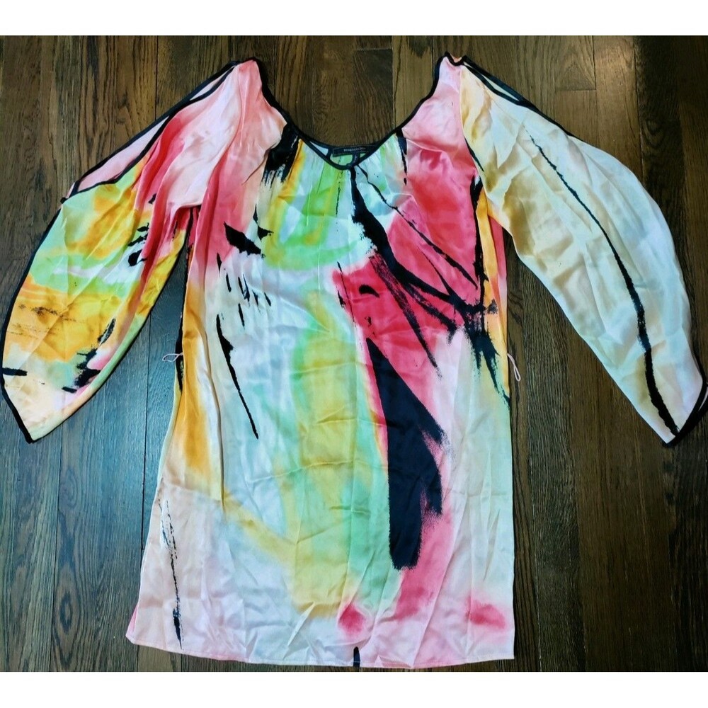 BCBG Maxazaria 100% Silk Blouse Women's XS Open Shoulder Long Sleeve Top